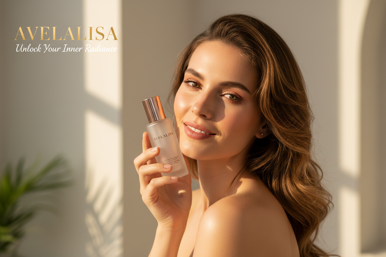 Ultra-realistic beauty brand homepage banner for “Avelalisa”, confident beautiful model with glowing clear skin, soft natural makeup, gentle smile, holding Avelalisa skincare product near face, warm sunlight on skin, clean modern background, luxury beauty brand vibe, emotional and inspiring mood, cinematic lighting, shallow depth of field, premium skincare advertisement, high detail, 4k, professional commercial photography