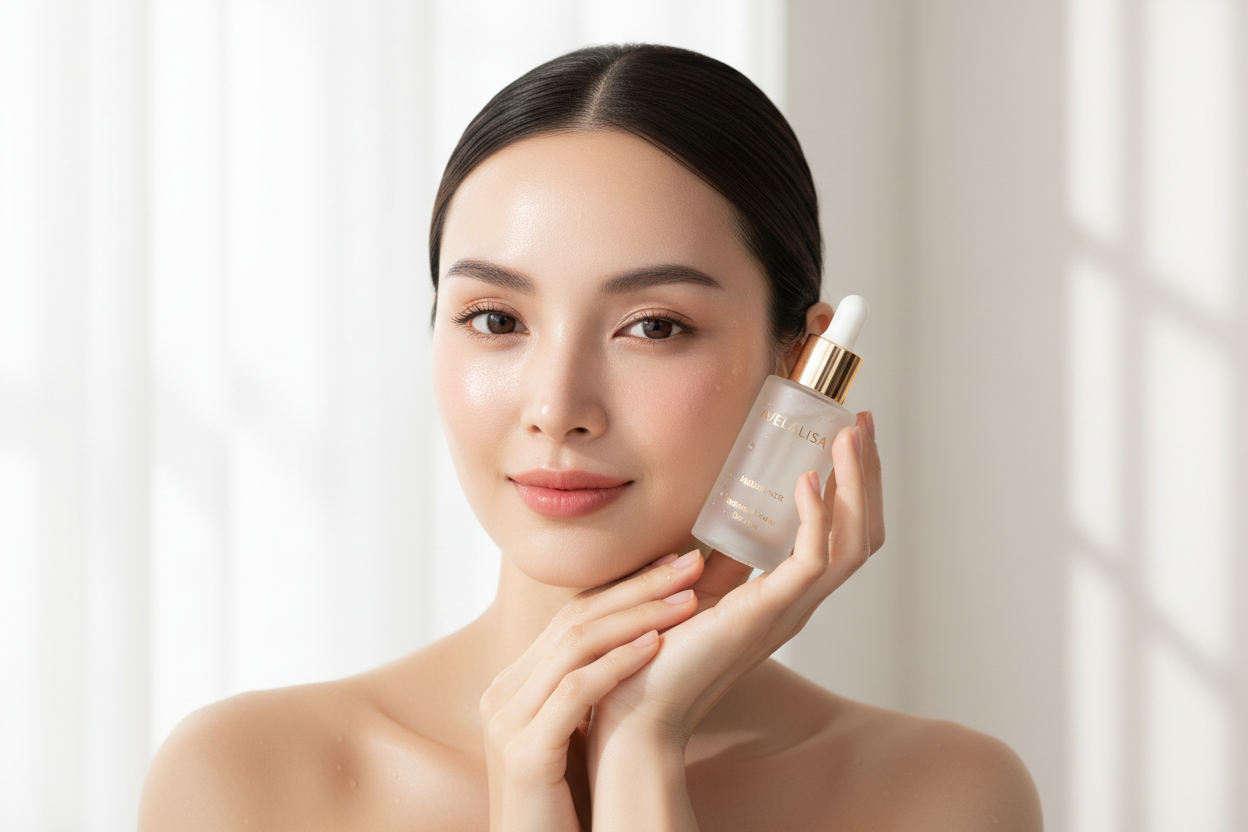 Ultra-realistic beauty product photo for Avelalisa, elegant female model with glowing clear skin, soft natural makeup, gentle confident expression, holding Avelalisa beauty product close to her face, clean modern background, soft daylight, fresh and luxury beauty vibe, emotional and inspiring mood, skincare advertisement style, cinematic lighting, shallow depth of field, premium commercial photography, ultra-detailed, 4k