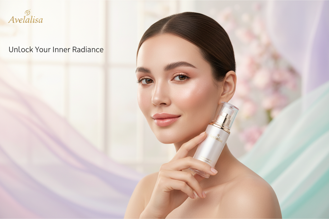 Ultra-realistic homepage banner for Avelalisa beauty brand, elegant female model with radiant healthy skin, soft glowing makeup, natural confidence expression, holding Avelalisa beauty product, bright airy background with soft pastel tones, fresh and clean aesthetic, luxury skincare campaign style, emotional and inspiring mood, cinematic soft lighting, shallow depth of field, high-end commercial photography, 4k, ultra-detailed